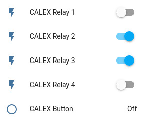 Home Assistant UI showing four CALEX Relays and a button