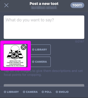 Toot! toot compose screen, image preview with hint text